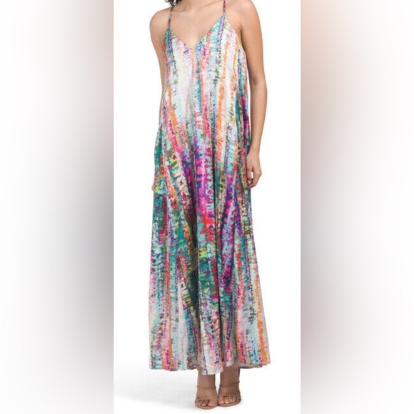 Nicole Miller  Spaghetti Strap Watercolor wedding guest  Dress Silky Maxi Sz xl - Picture 1 of 9